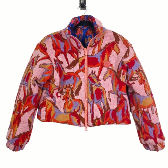 Farm Rio Wild Horses Tricot Puffer Jacket Reversible Mushroom Multicolor Size XS - Picture 4 of 12